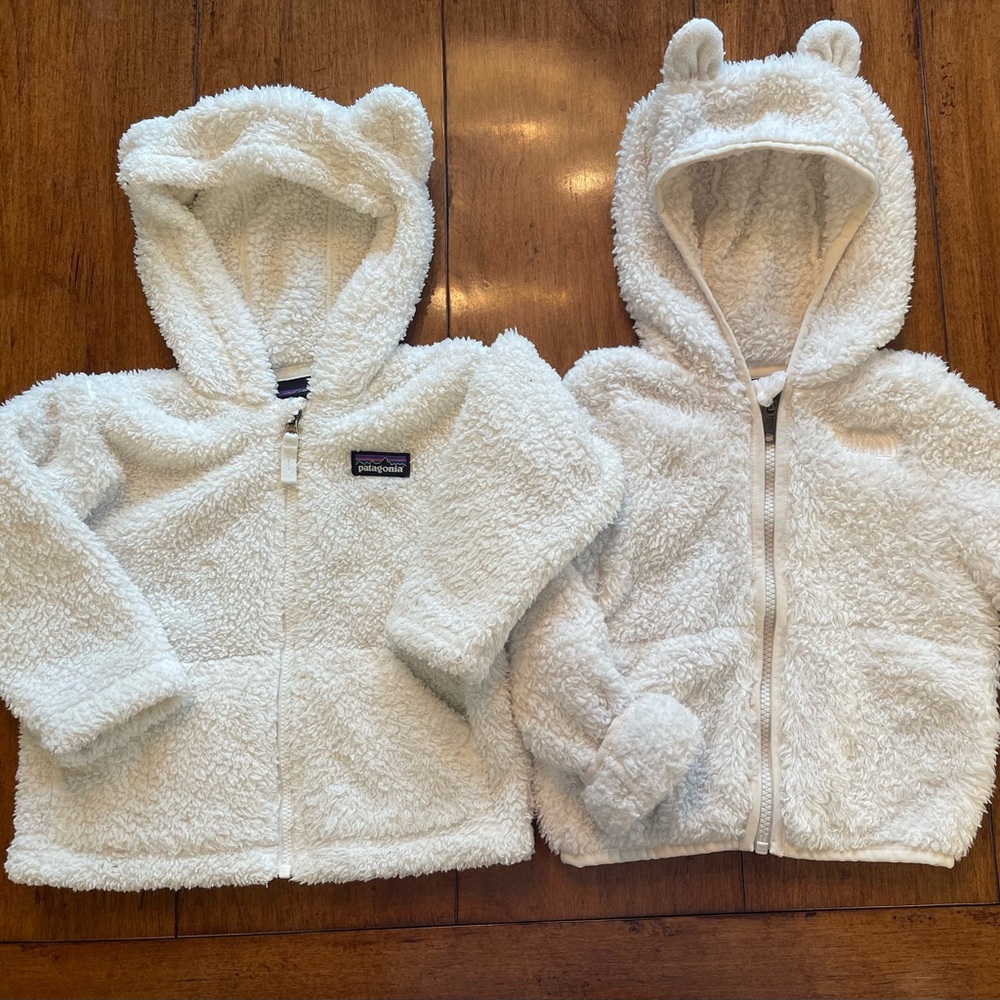 Patagonia and North Face White Fuzzy Zip Up Jackets.  12-24 months.